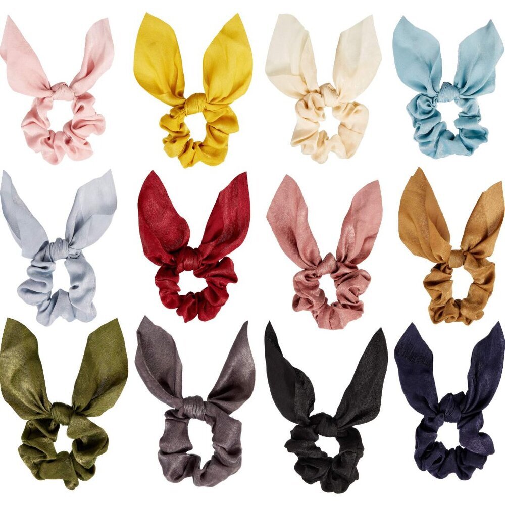 12 Pieces Bow Hair Scrunchies Bunny Ear Scrunchies for Bow Silk Bowknot Bobbles